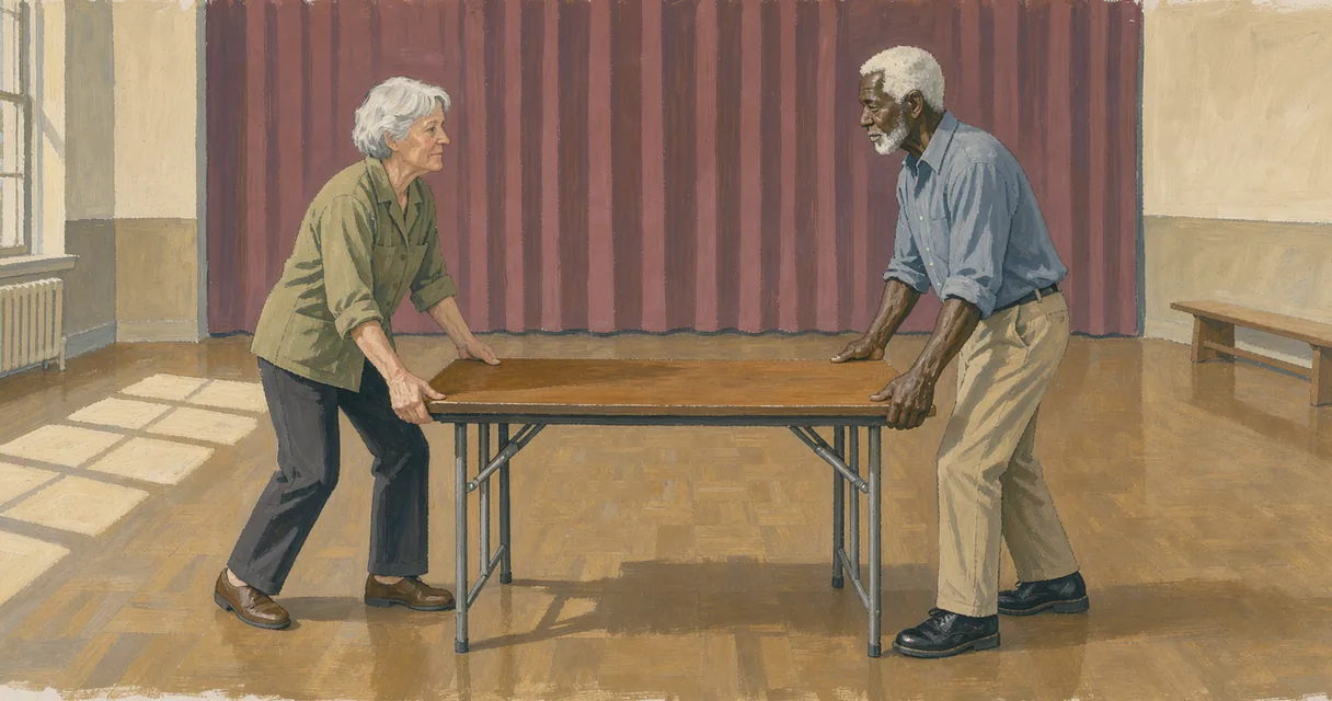 Two older adults lifting a wooden folding table in a sunlit community hall