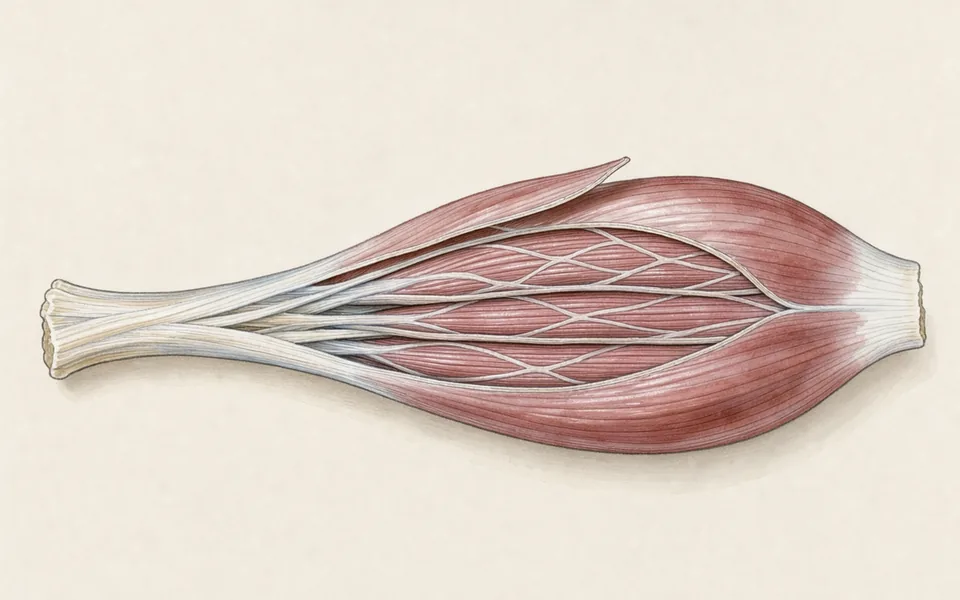 A cutaway skeletal muscle with parallel fibre bundles and a pale tendon